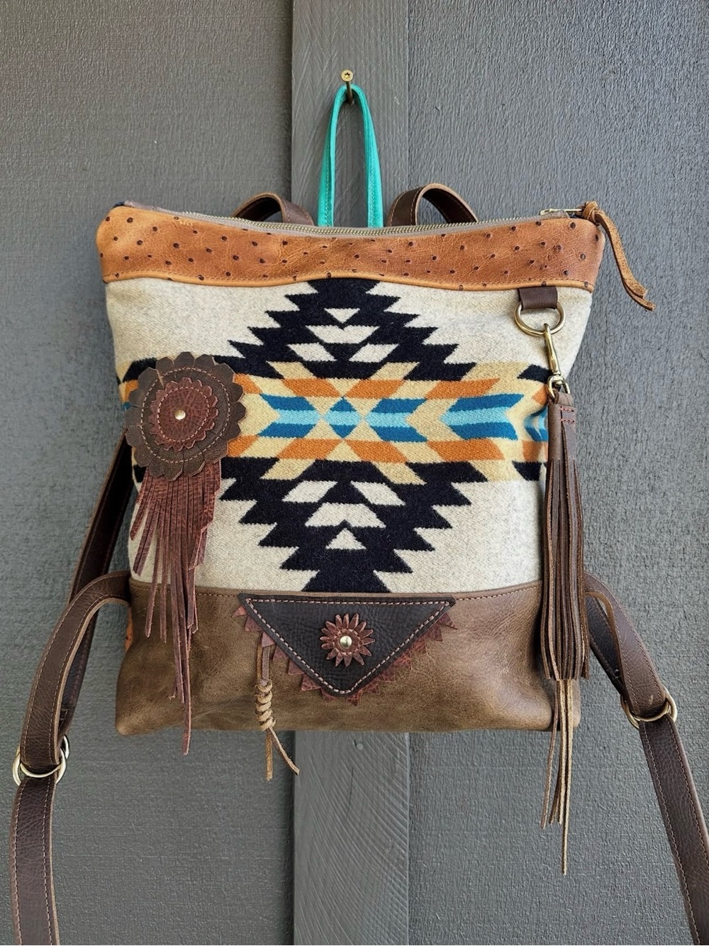 Southwestern Pattern Brown Leather & Wool Backpack Purse